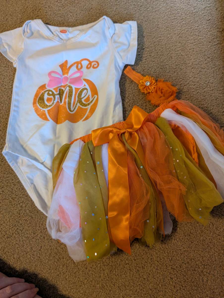 Fall pumpkin one year old baby outfit