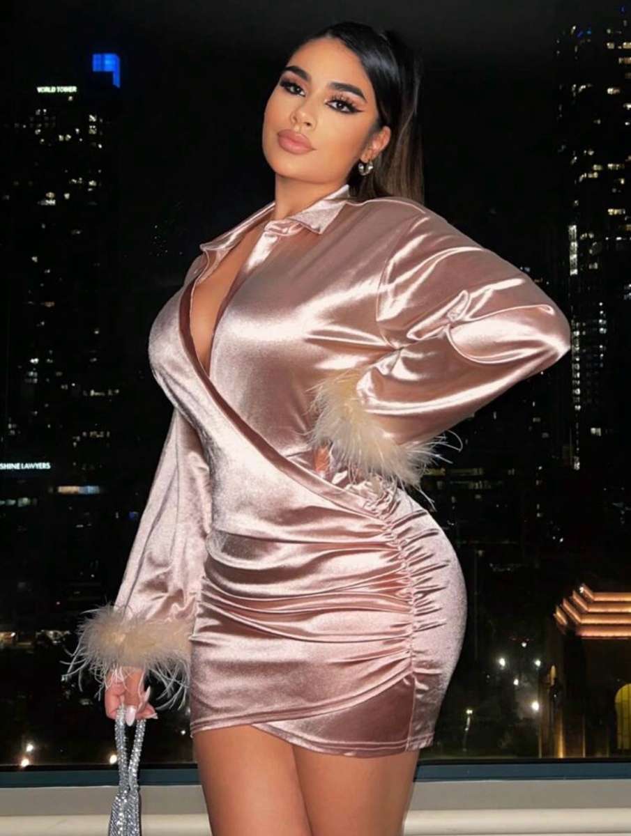 Fuzzy CuffRuched Wrap Hem Satin BodyconDress