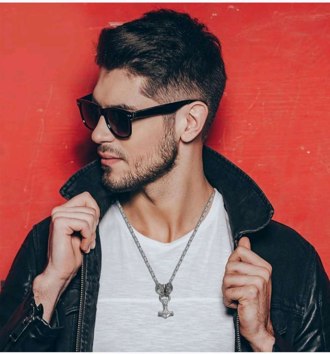 GuoShuang Wolf Head with Thor Mjolnir Pendant Necklace Stain