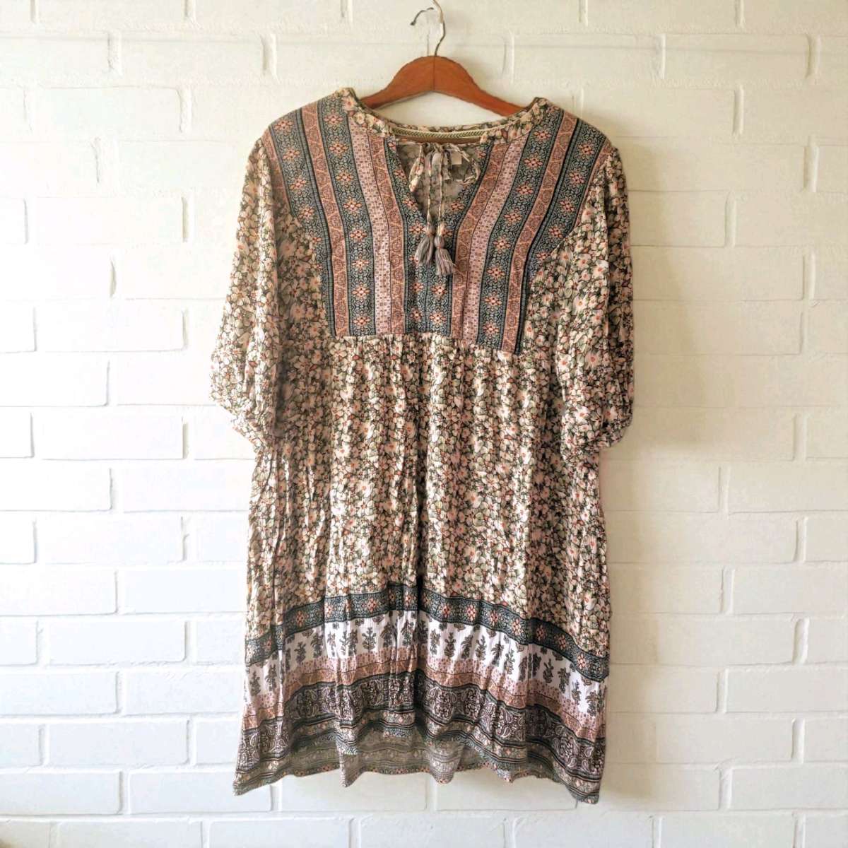 Boho floral mini dress with tie front and elastic waistband