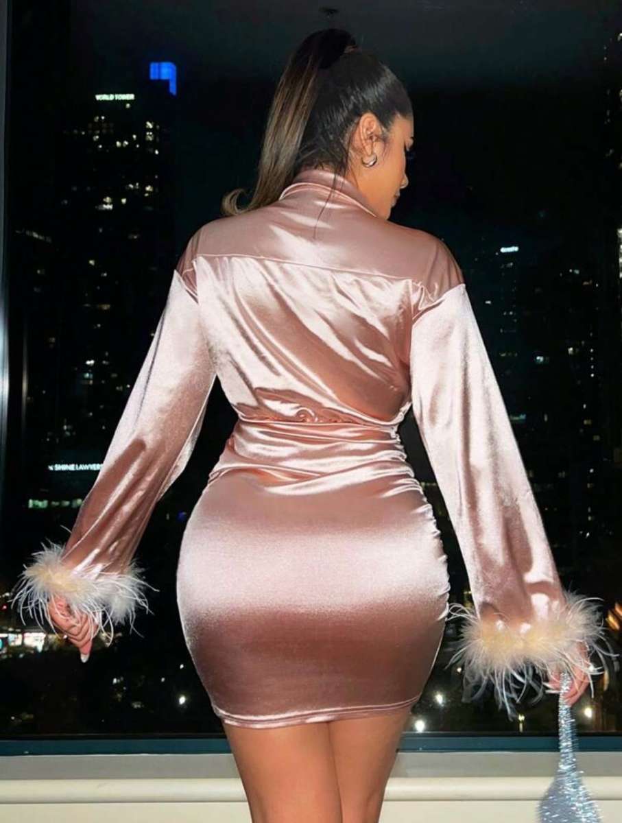 Fuzzy CuffRuched Wrap Hem Satin BodyconDress