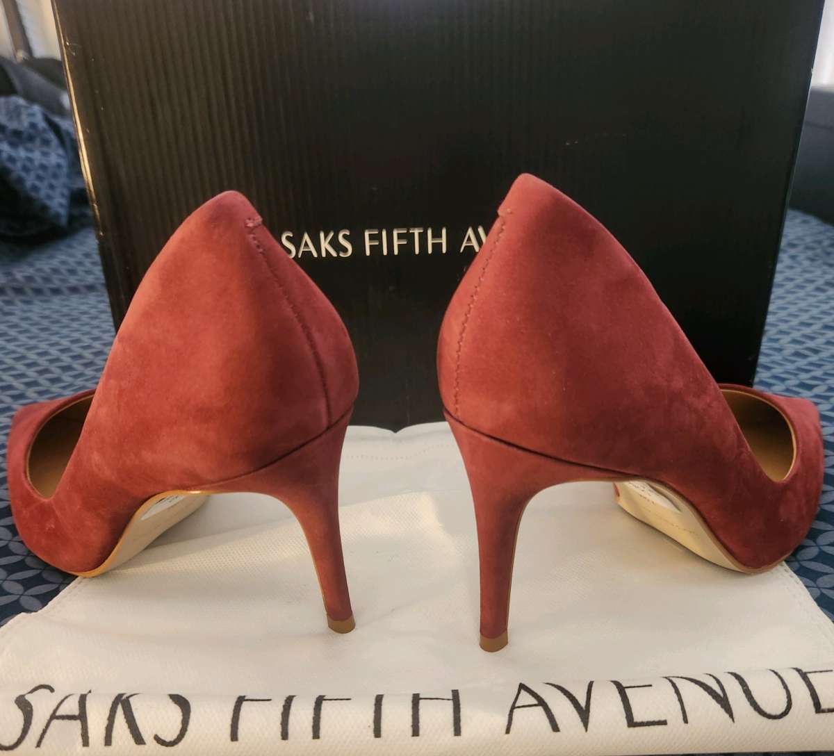 Saks Fifth Avenue red suede pumps