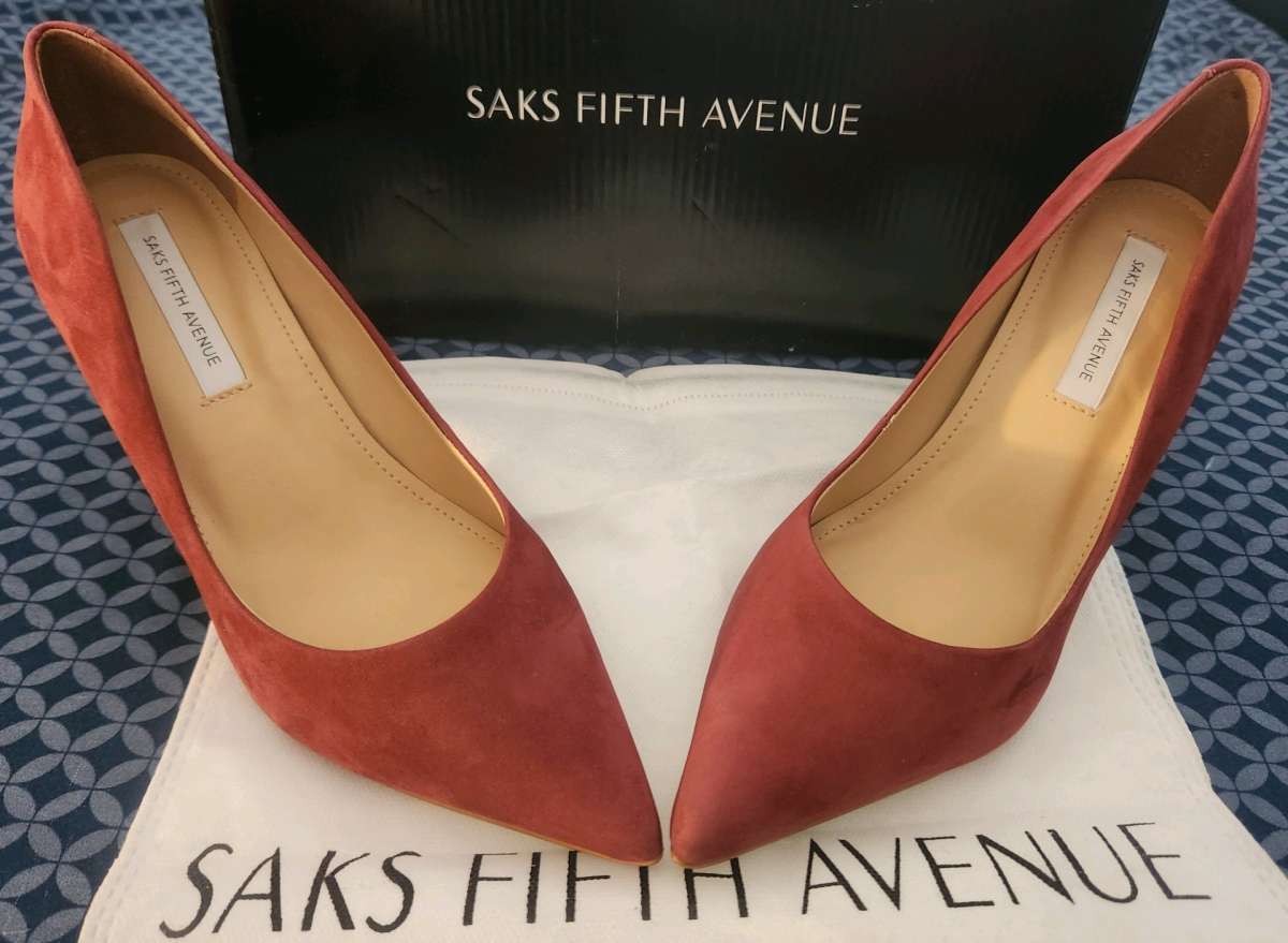 Saks Fifth Avenue red suede pumps