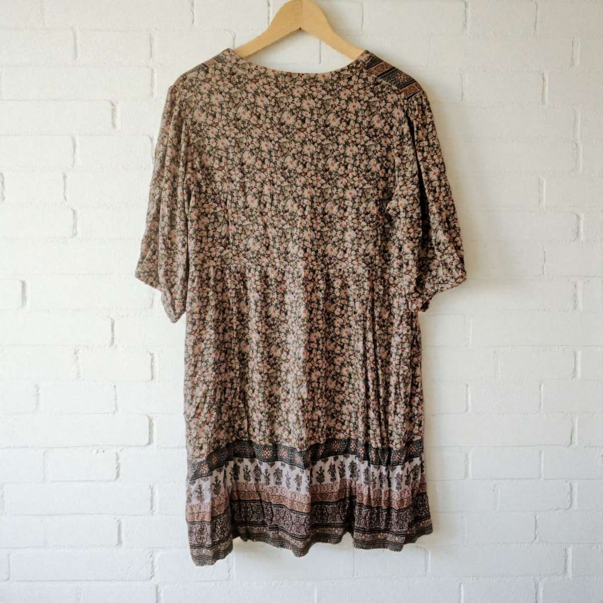 Boho floral mini dress with tie front and elastic waistband