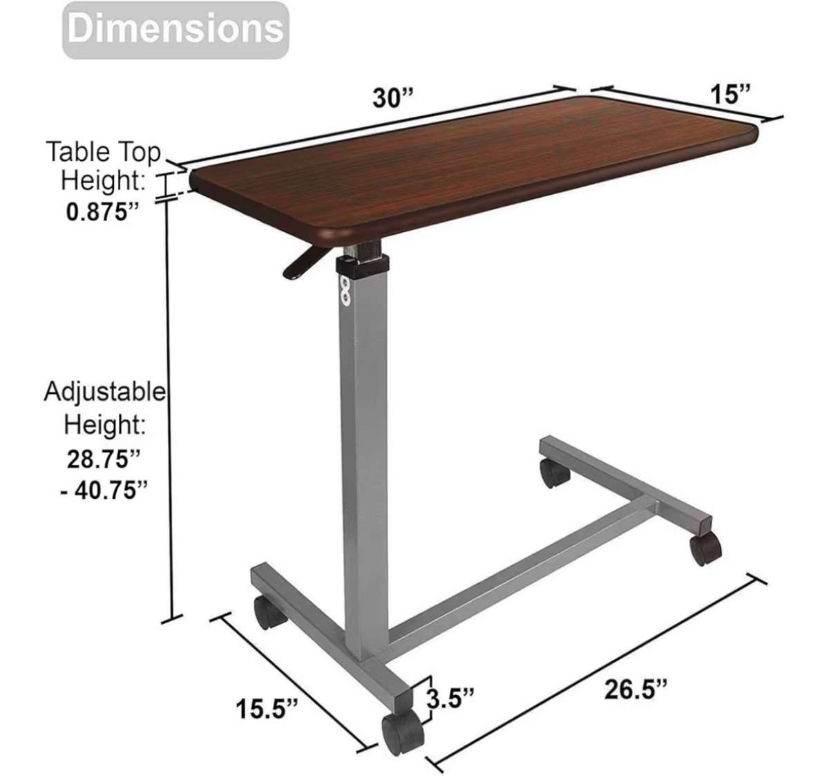 Vaunn Medical Adjustable Overbed Bedside Table With Wheels H