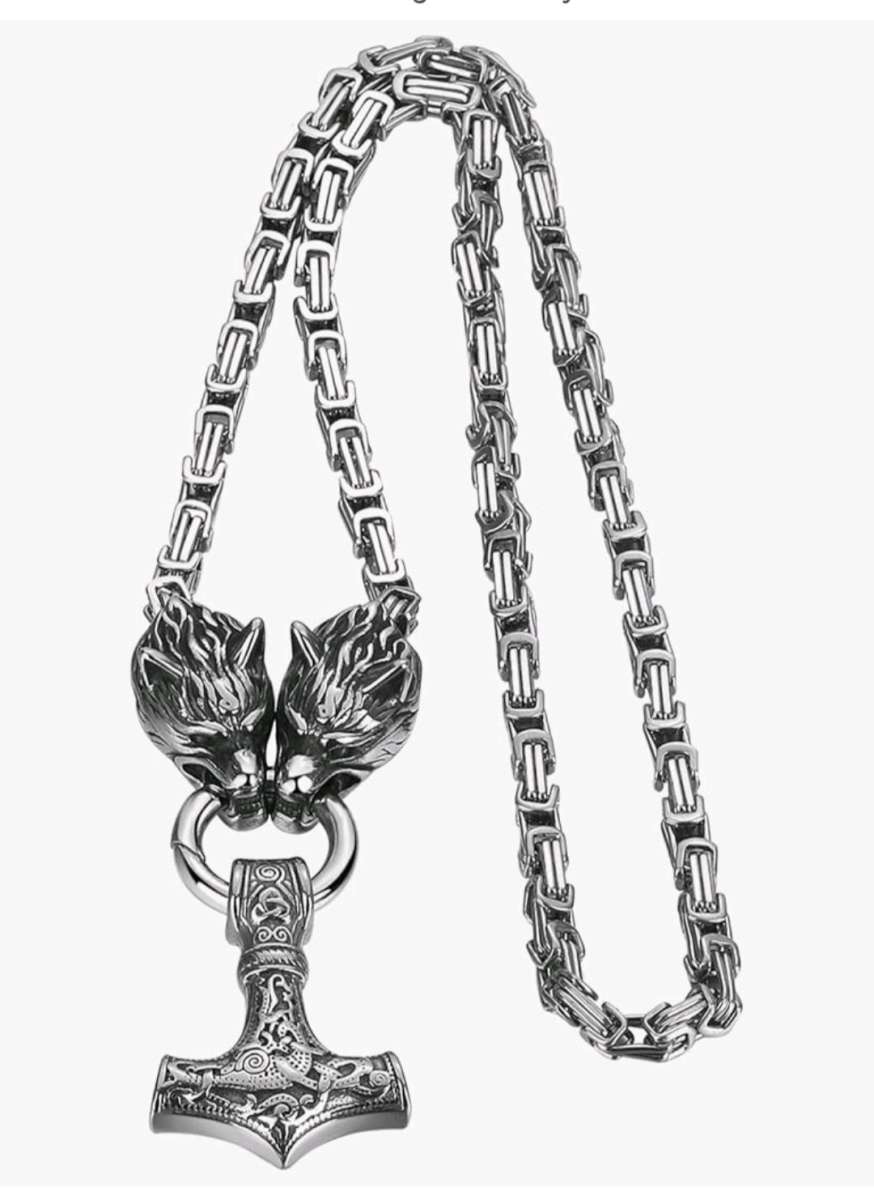 GuoShuang Wolf Head with Thor Mjolnir Pendant Necklace Stain
