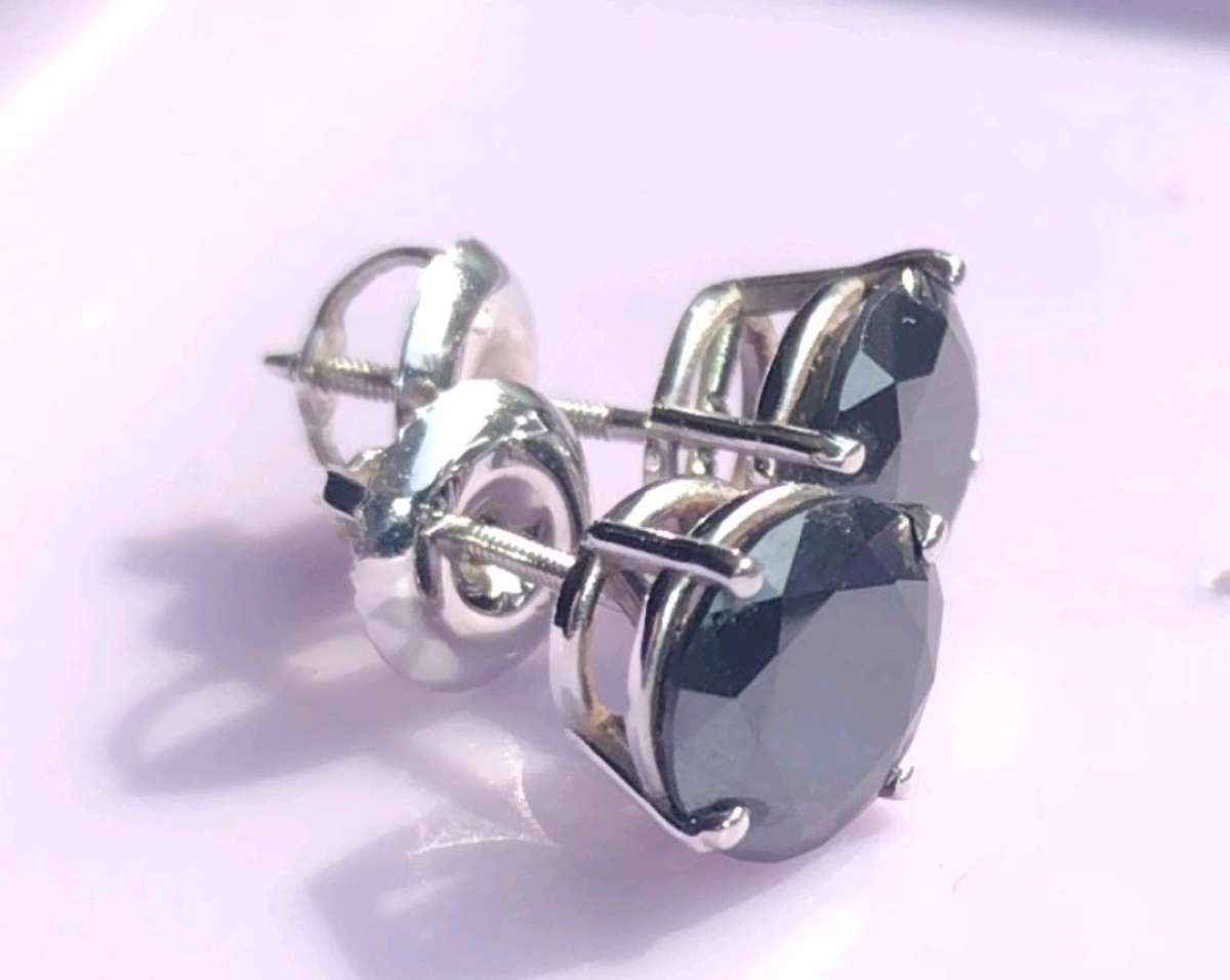 3carat Certified Natural Black Diamond Stud 14k White Gold