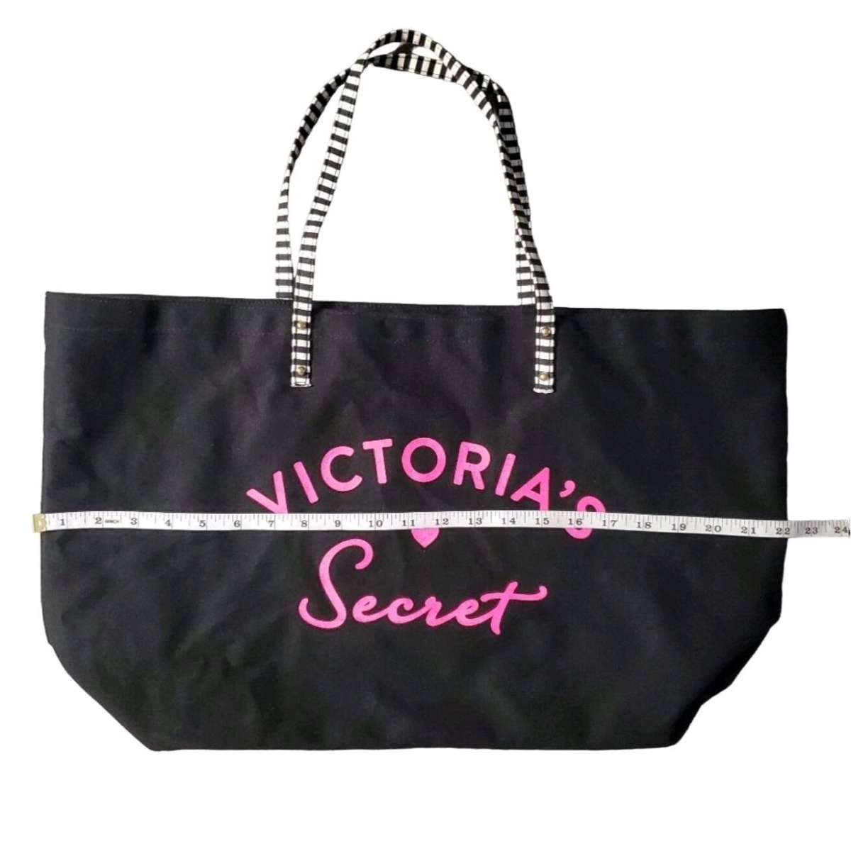 Victorias Secret Black Canvas Tote Bag With Striped Handles