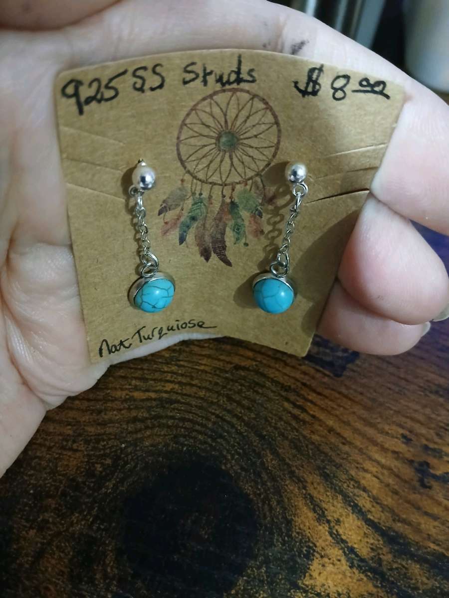 Silver Stud Earrings with Natural Turquoise 8mm