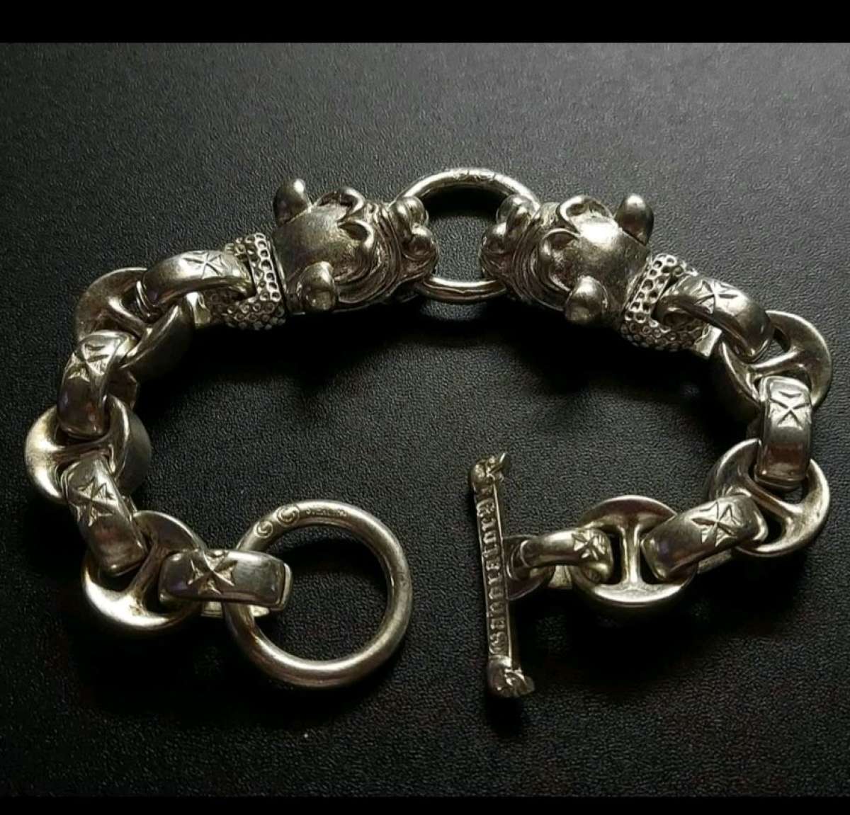 OLD HANDMADE MIAO TIBETAN TWO HEAD DOG BRACELET STAMPS S925
