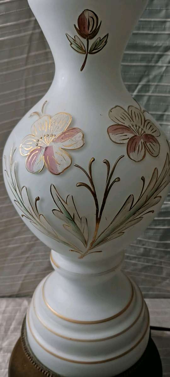 Vintage Bristol Glass Table Lamp White Glass Painted Flowers