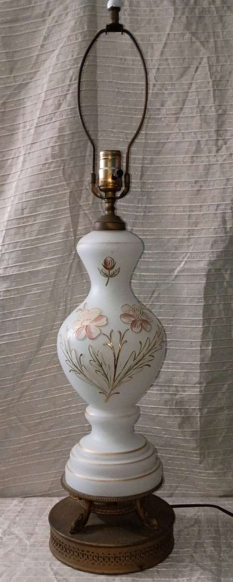 Vintage Bristol Glass Table Lamp White Glass Painted Flowers