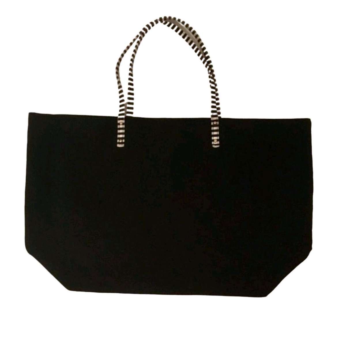 Victorias Secret Black Canvas Tote Bag With Striped Handles