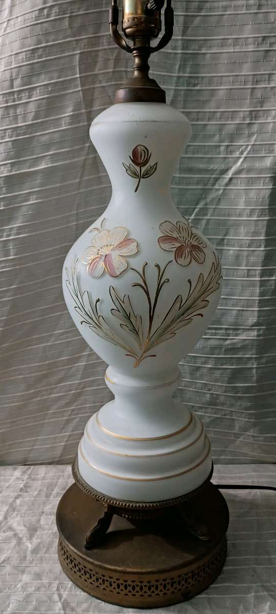 Vintage Bristol Glass Table Lamp White Glass Painted Flowers
