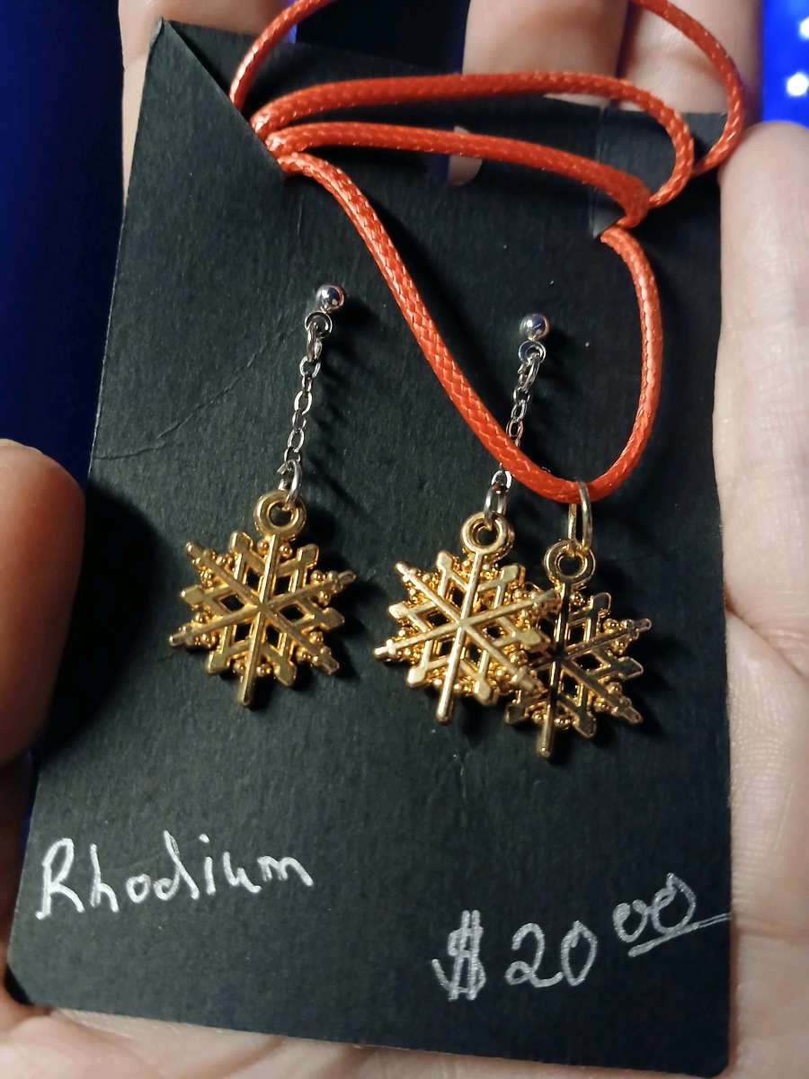 Rhodium Stud Earrings and Necklace with Gold Snowflake Charm