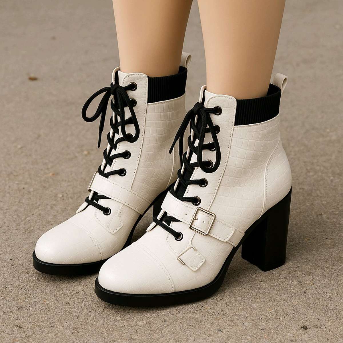 Fashion LaceUp Croc Boots  WhiteBlack Contrast