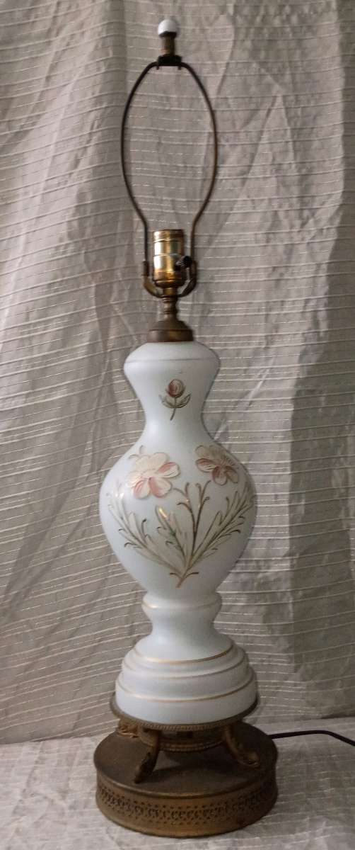 Vintage Bristol Glass Table Lamp White Glass Painted Flowers