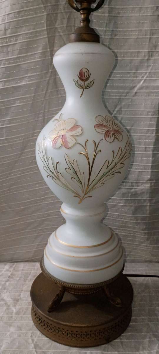 Vintage Bristol Glass Table Lamp White Glass Painted Flowers