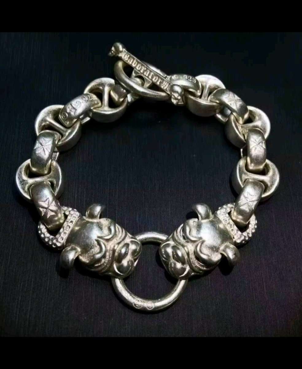 OLD HANDMADE MIAO TIBETAN TWO HEAD DOG BRACELET STAMPS S925