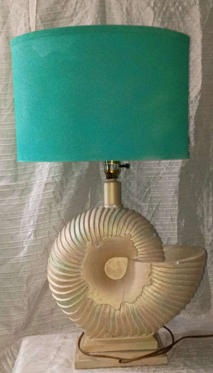Vintage 1980s Pastel Iridescent Plaster Nautilus Table Lamp