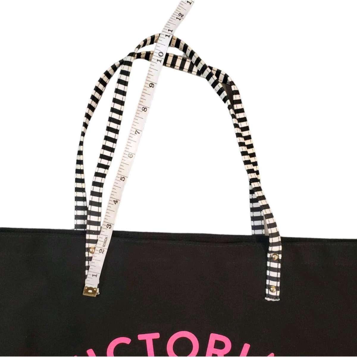 Victorias Secret Black Canvas Tote Bag With Striped Handles