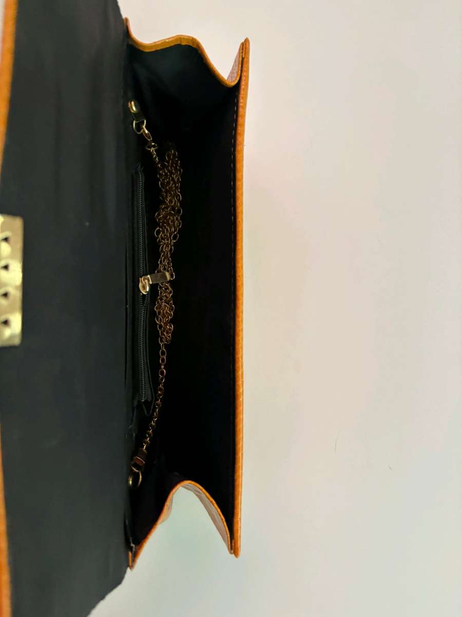 VintageStyle Orange Faux Leather Clutch with Gold DoubleC Ac