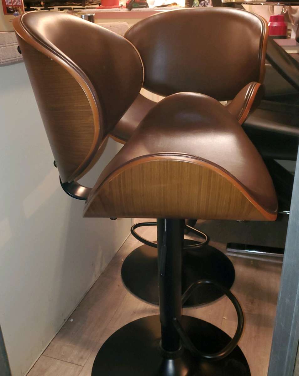 Brown Faux Leather and Wood Bar Stools