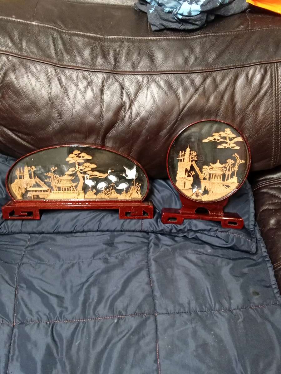 Set of 2 Asian Reverse Glass Art Panels