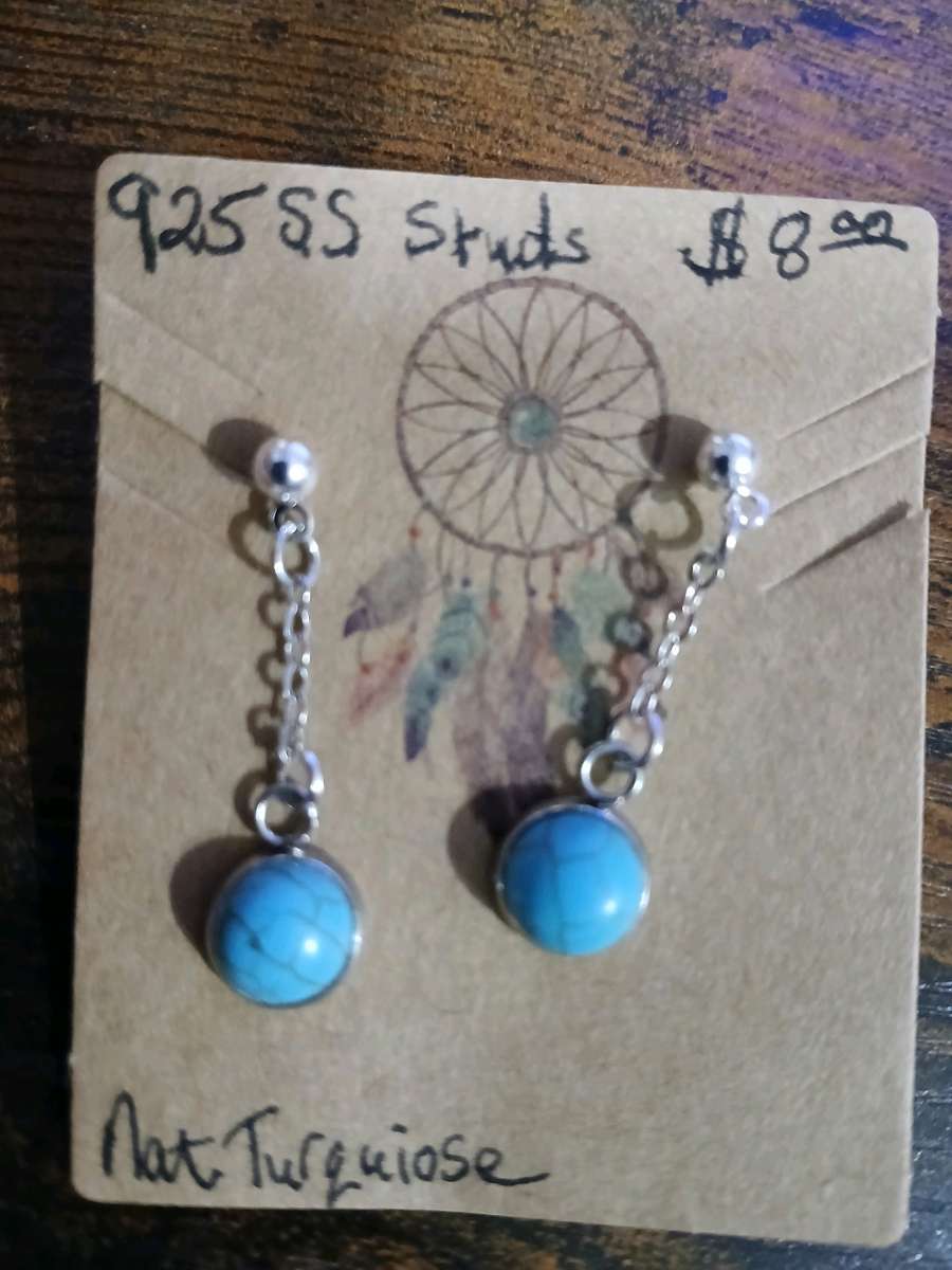 Silver Stud Earrings with Natural Turquoise 8mm