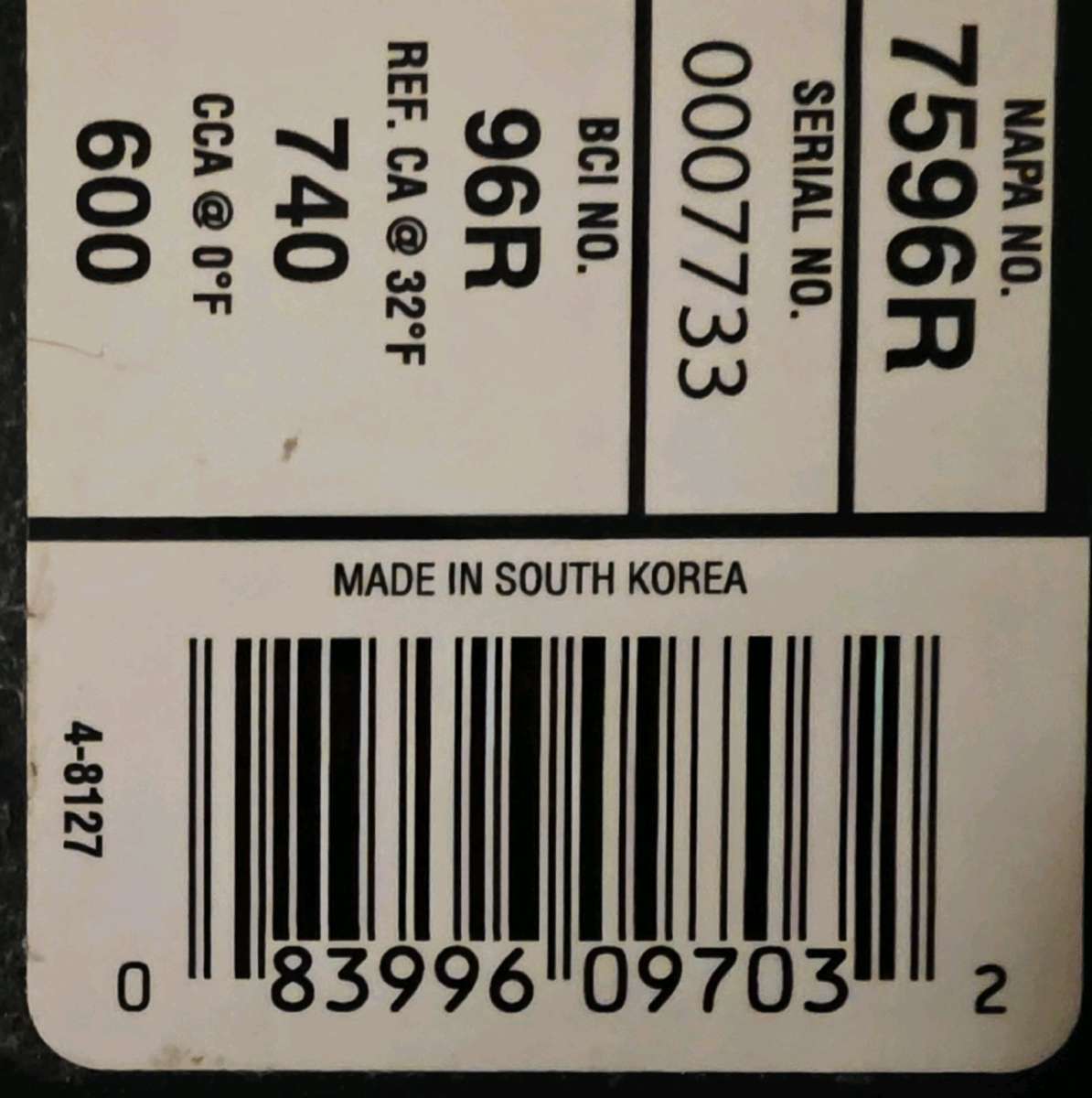 NAPA Car Battery BCI No 96R 600A