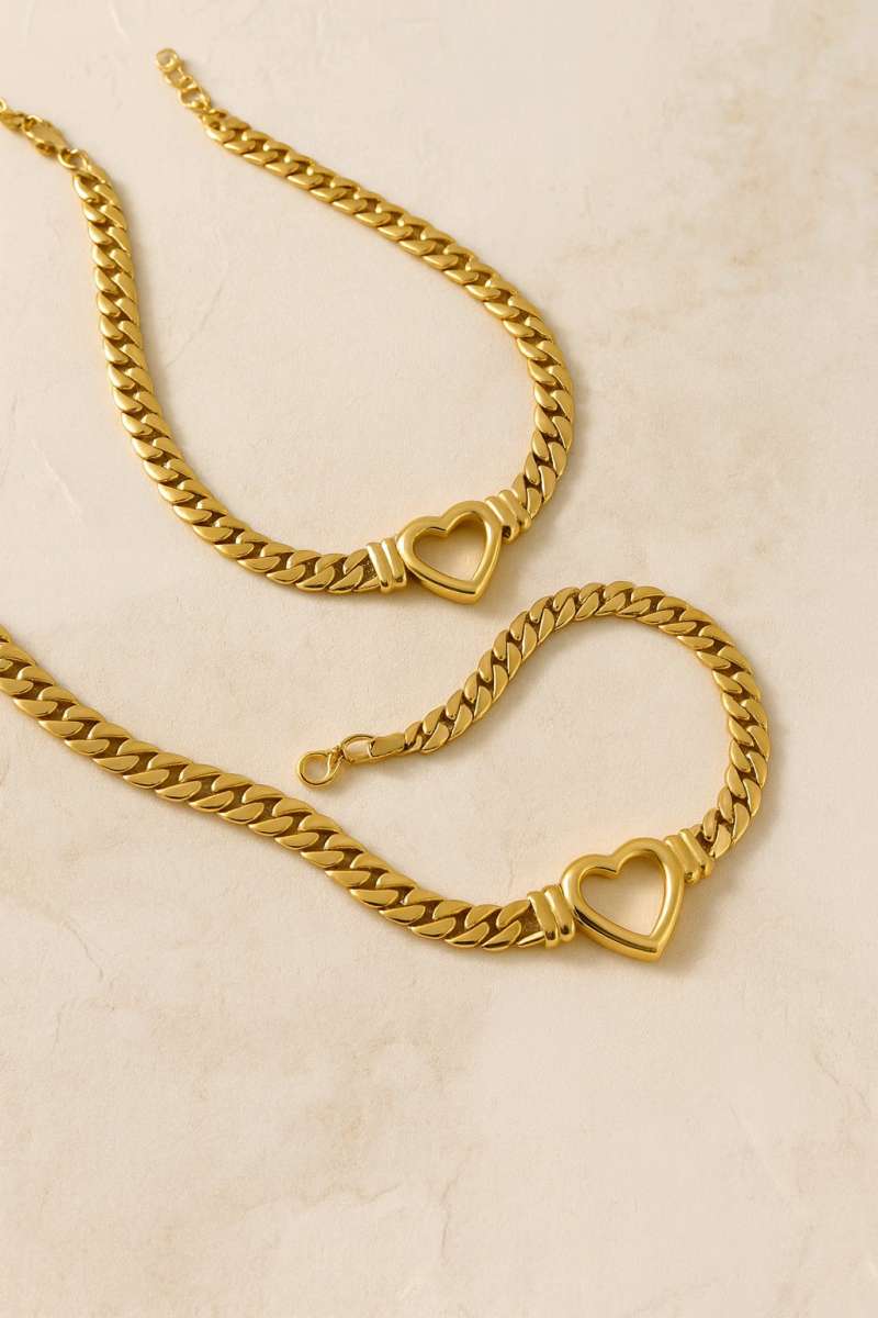Gold Heart Cuban Chain Set  Necklace  Bracelet  Waterproof