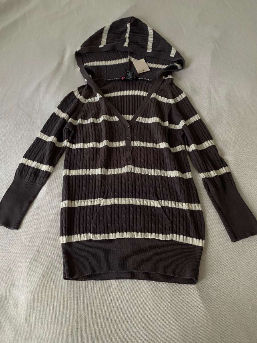 Gray and white striped hooded sweater