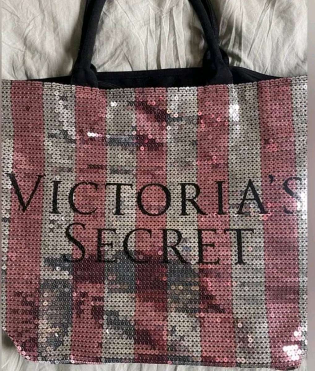 Victorias Secret Sequined Weekender Tote Bag Pink Silver Str