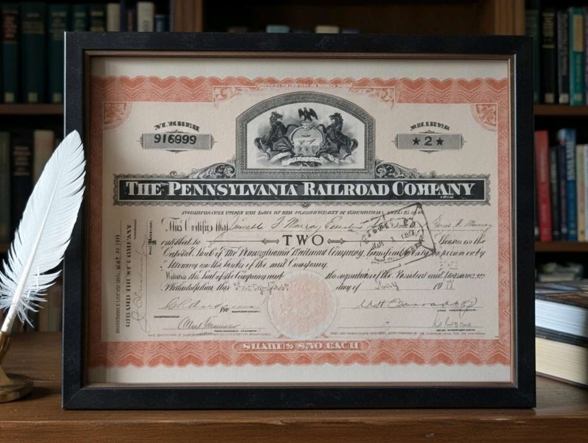 Framed Vintage Pennsylvania Railroad Company Stock Certifica