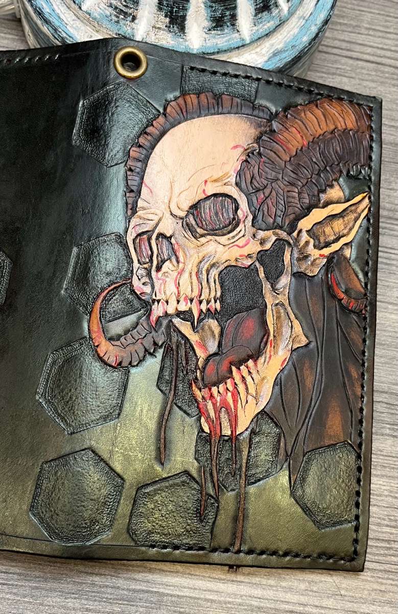 new tooled leather demon with horns bifold wallet