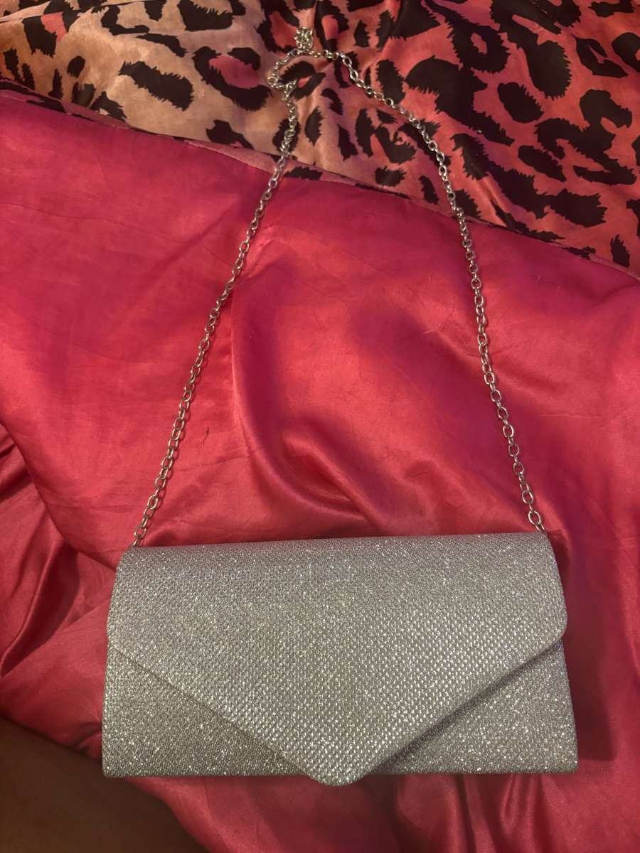 gray silver clutch purse