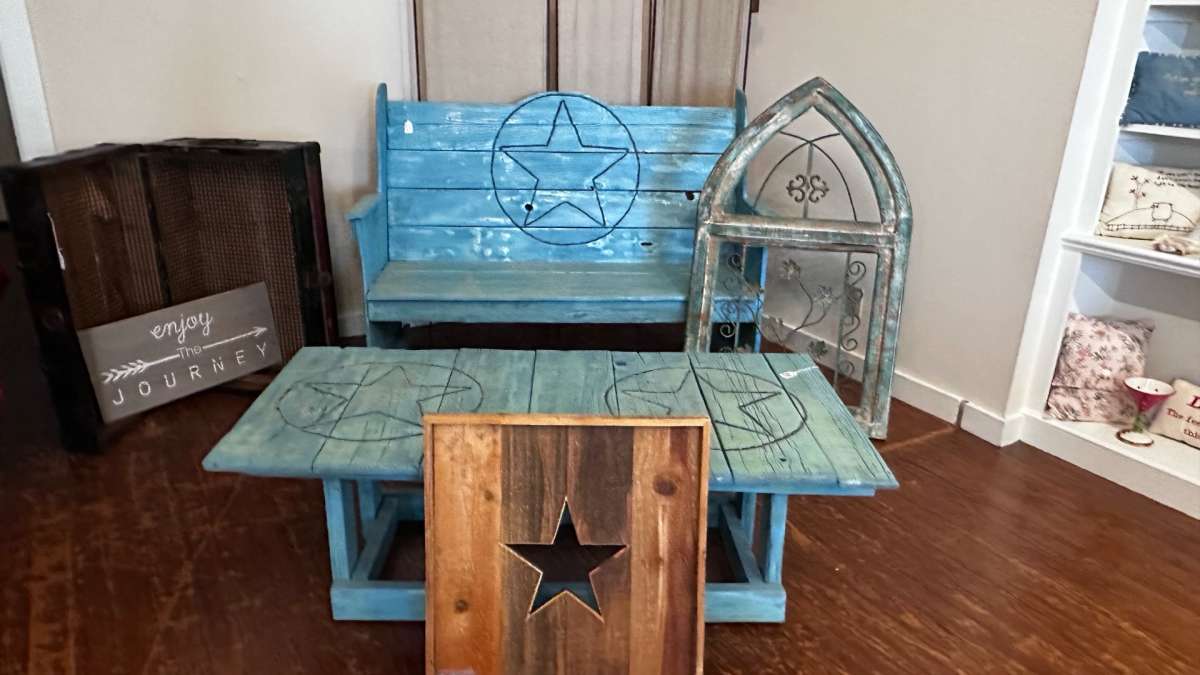 Barnyard bench pew and coffee