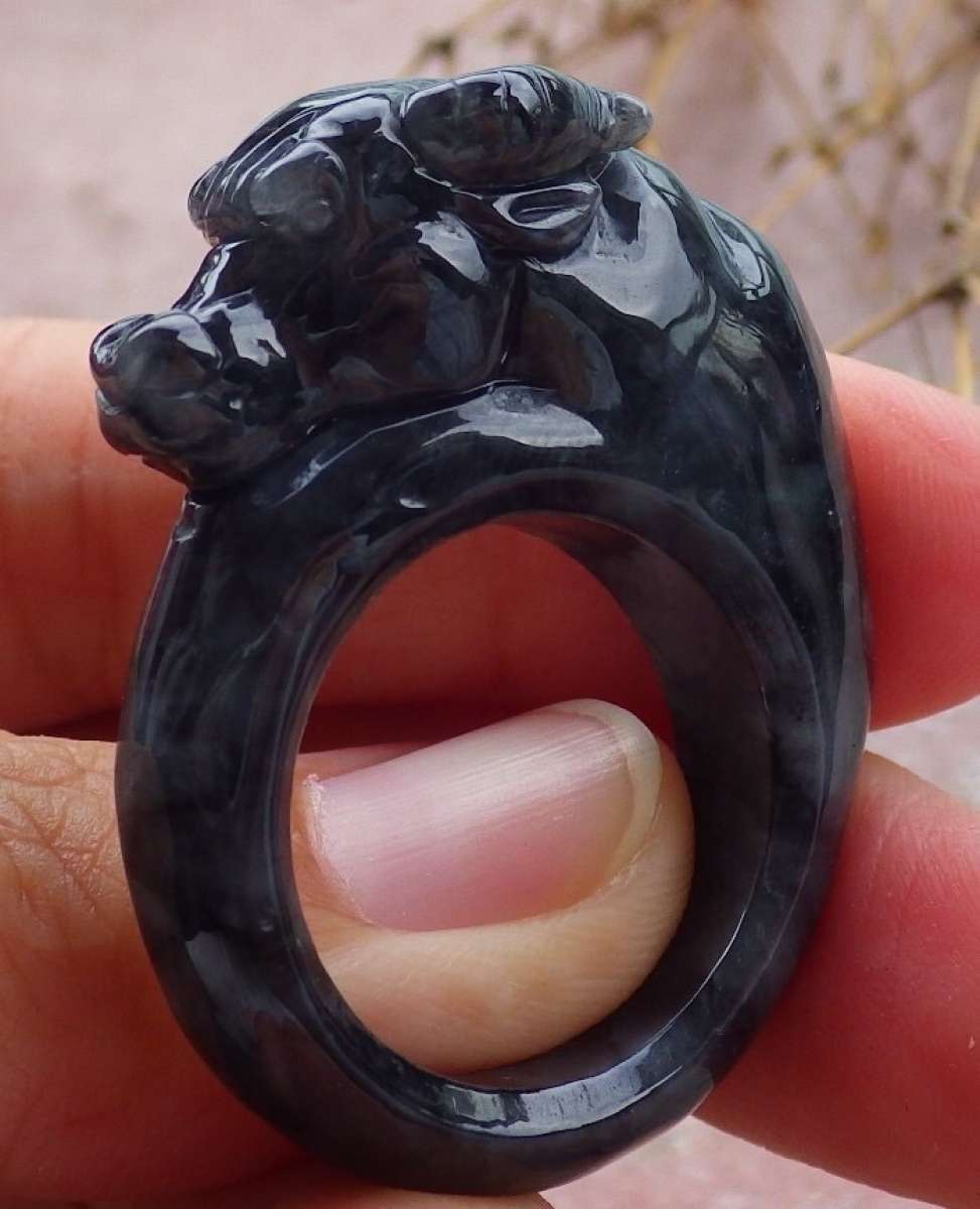 Certificate Black Burma A Jadeite Jade Cow Ox Circle Ring NO