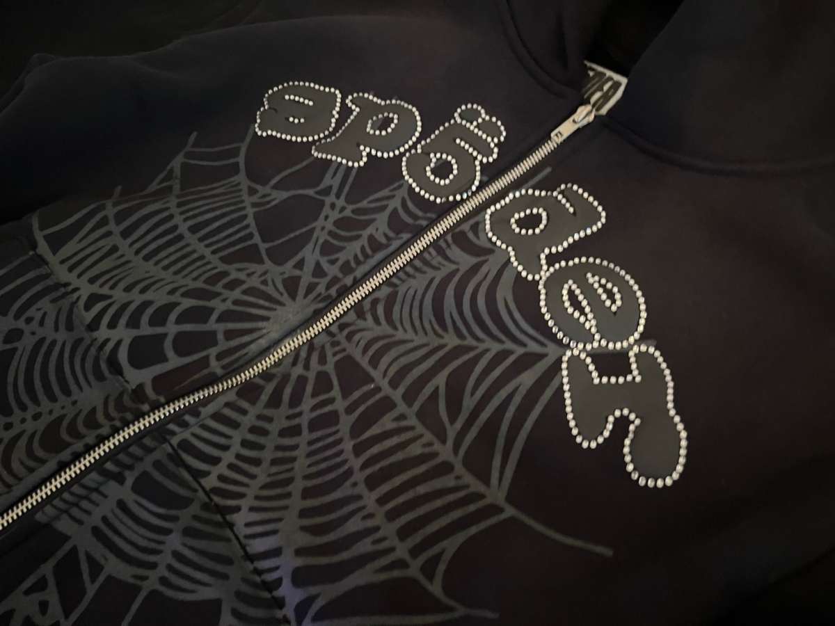 Sp5der Black Rhinestone Web V2 Zip Up hoodie