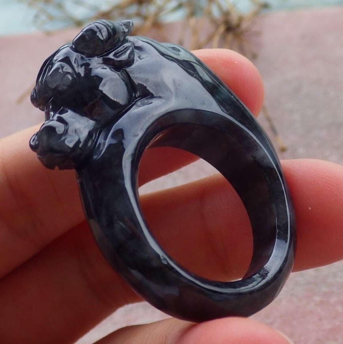 Certificate Black Burma A Jadeite Jade Cow Ox Circle Ring NO