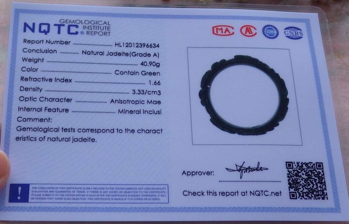 Certificate Jadeite jade Burma  Dark Green Black Flower
