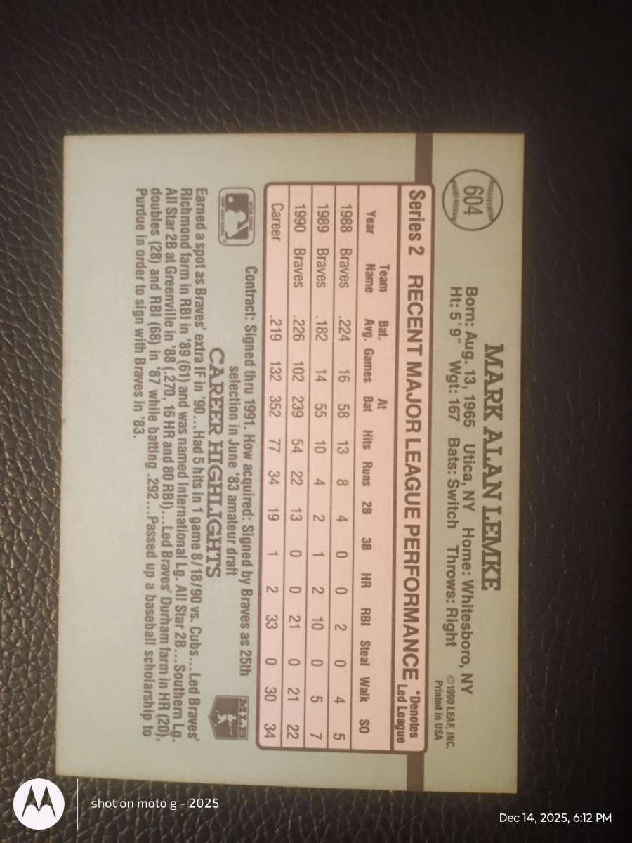 Mark Lemke Baseball Card