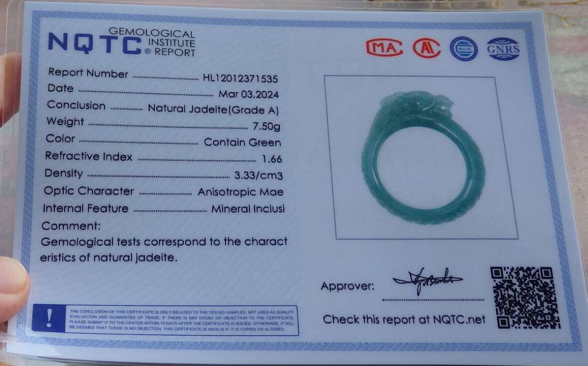 Certificate Jadeite jade  Burmese  Dragon size10