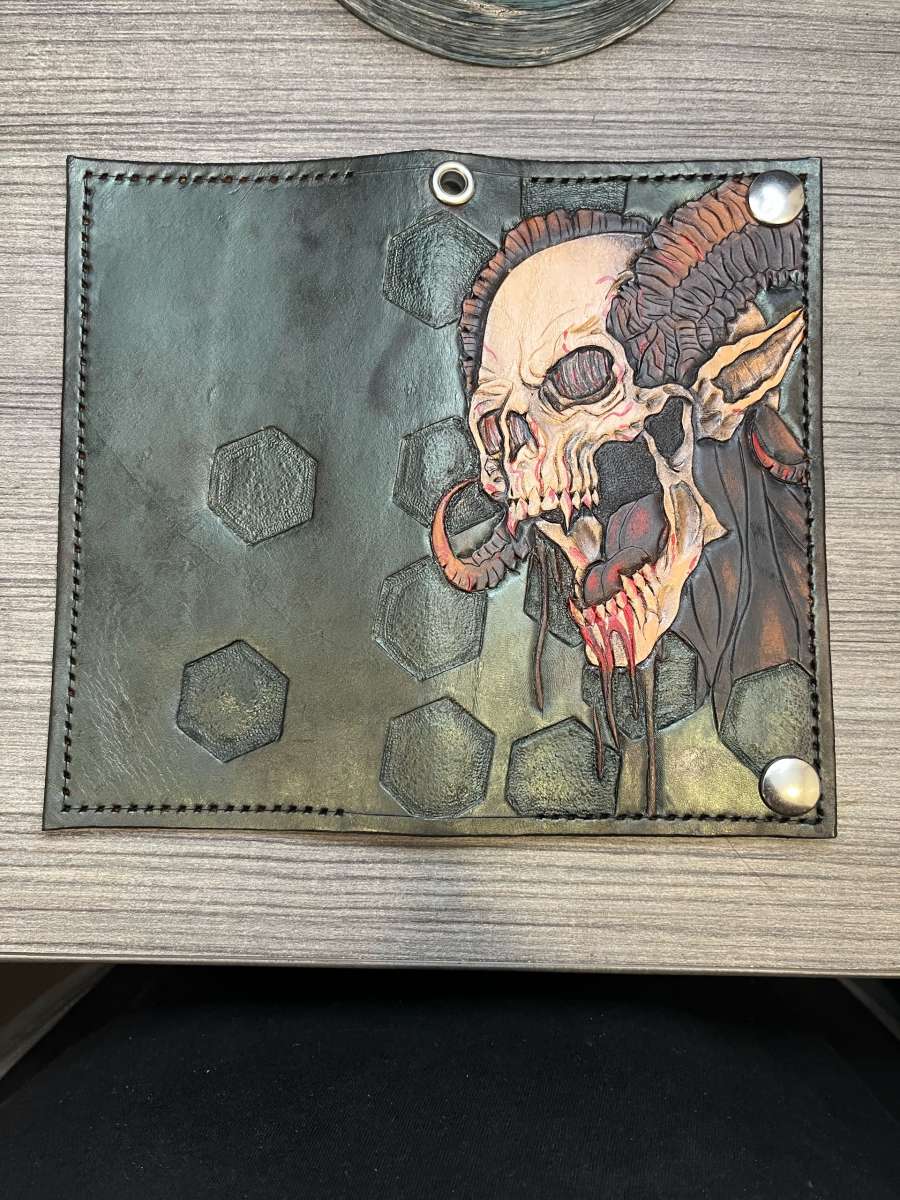 new tooled leather demon with horns bifold wallet