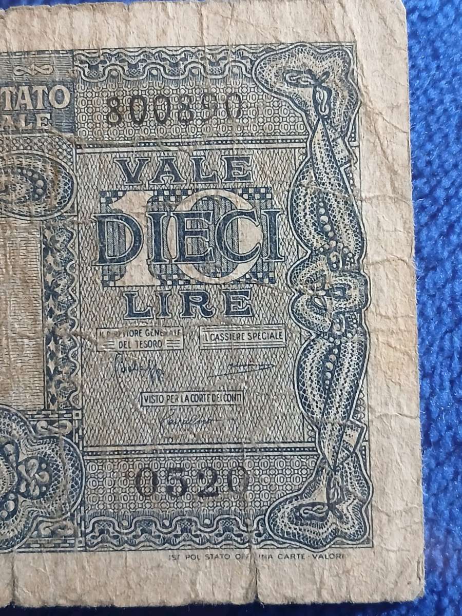1944 10 Lire banknote from Italy
