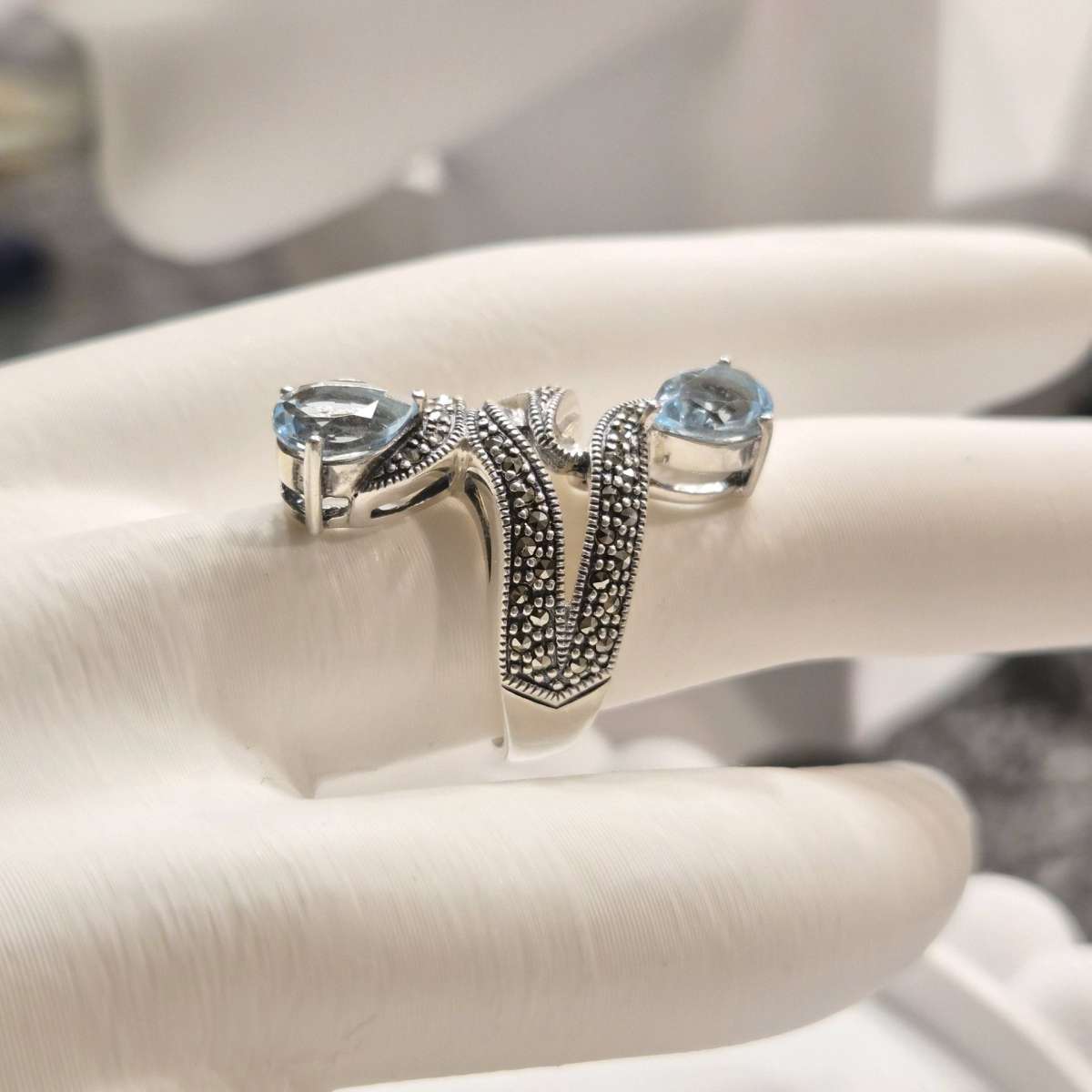 Sterling Silver Ring with Marcasite and Blue Topaz