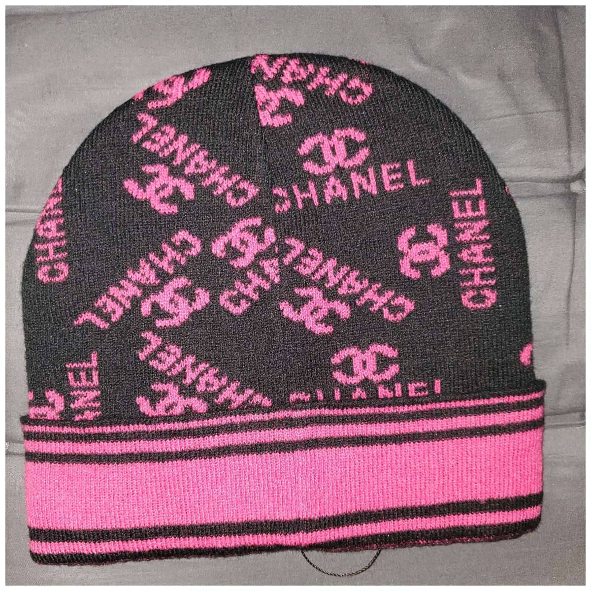 Chanel Black and Pink Logo Beanie