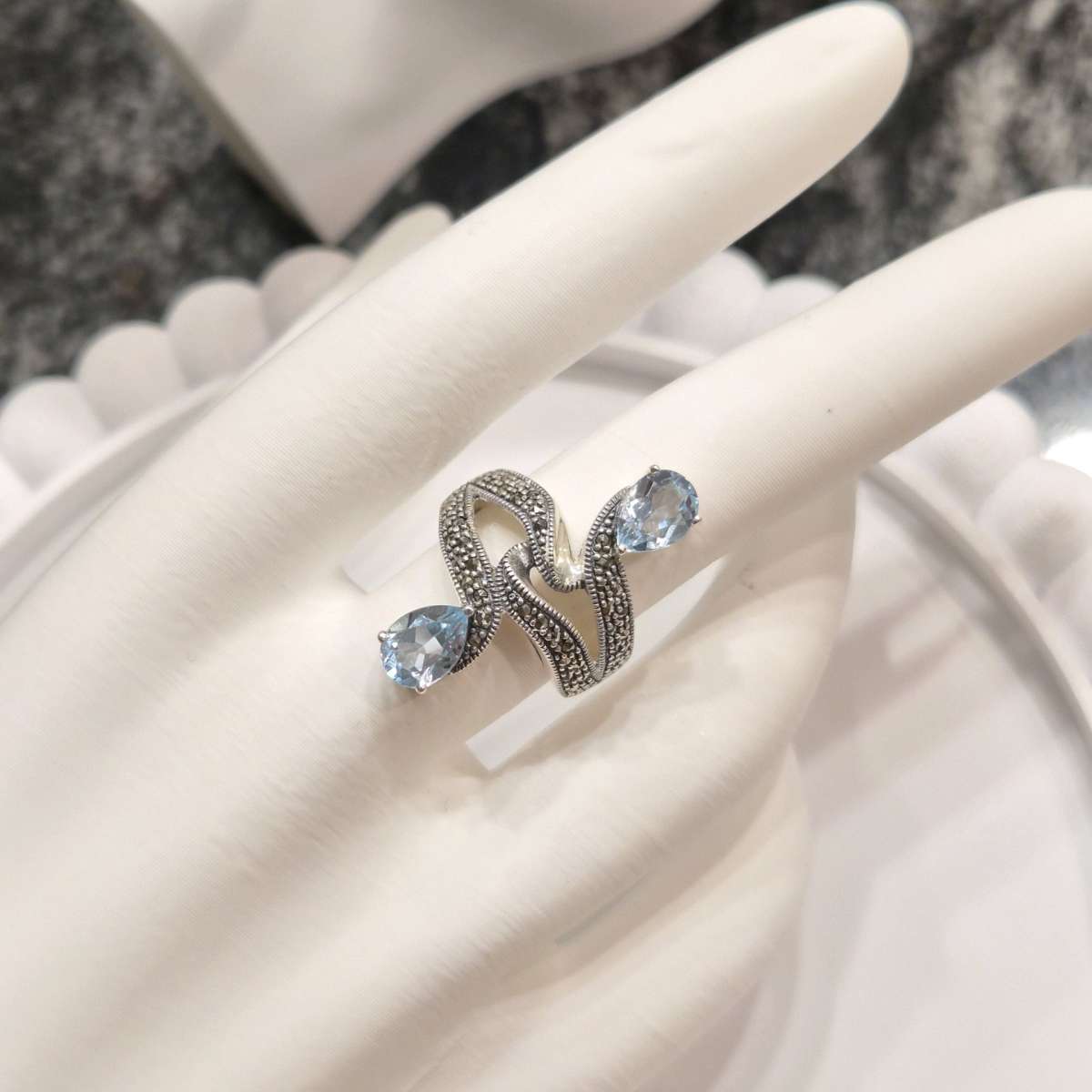 Sterling Silver Ring with Marcasite and Blue Topaz