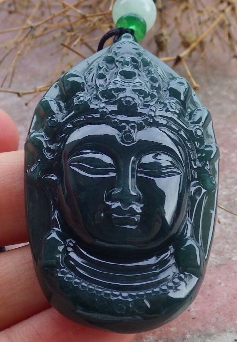 Certificate Jadeite Jade Black Green Kwan Yin Guanyin Head W