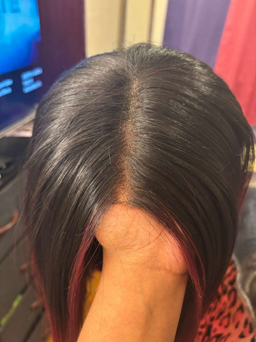short burgundy and black wig